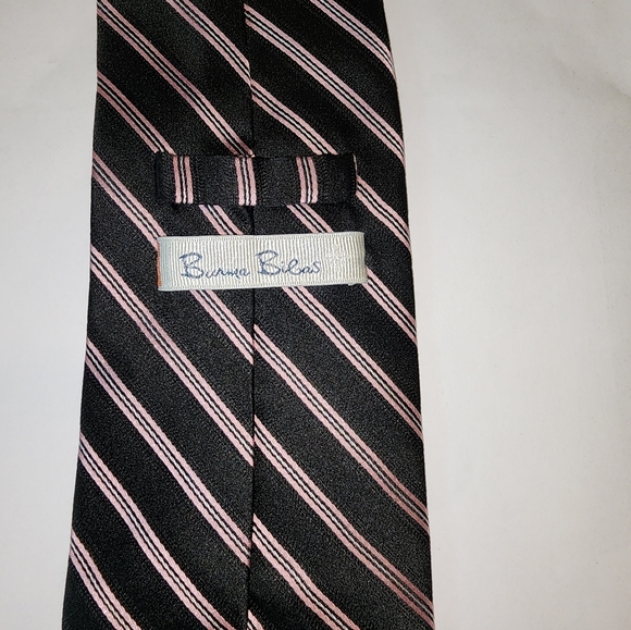 Burma Bibas striped silk tie, 62" L 4" W, Euc, black, white, pink stripes - Picture 8 of 8